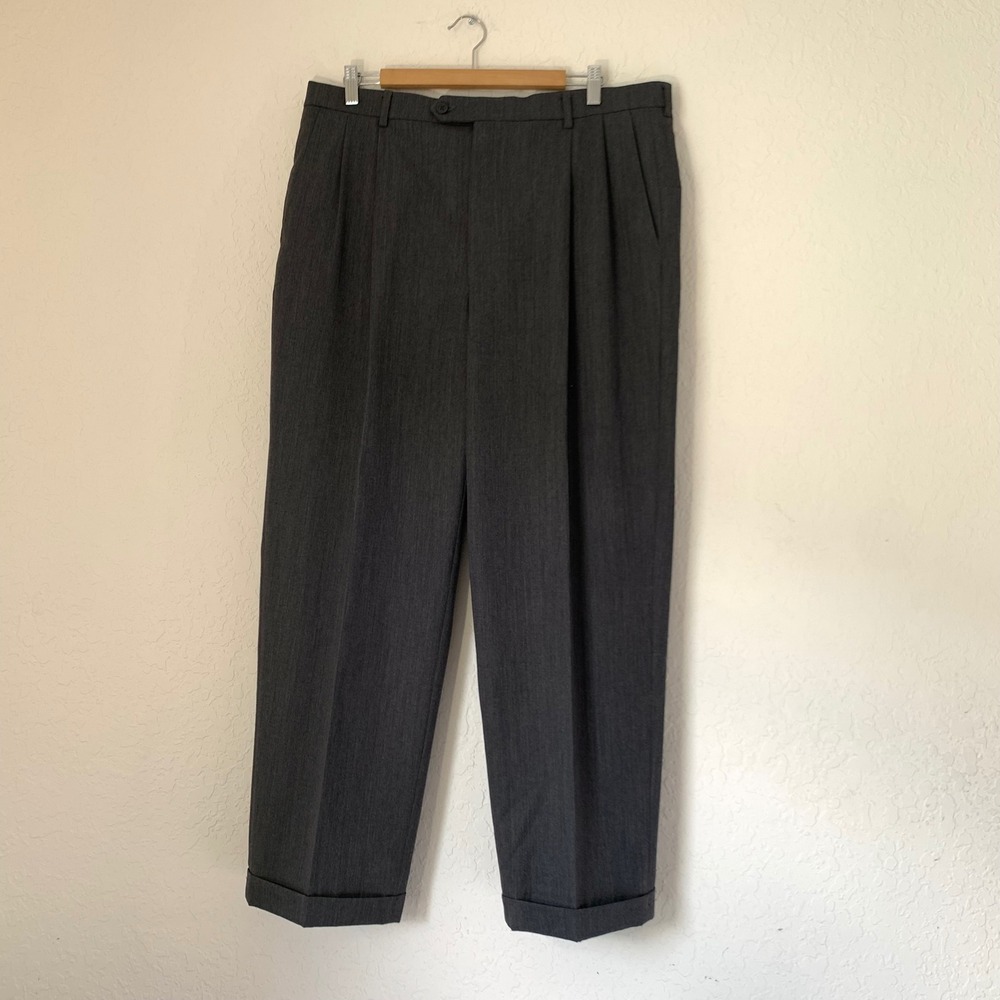 Hart Schaffner Marx Trousers Men 38 Grey Pleated Cuffed Classic Dark Academia